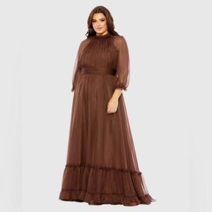 MAC Duggal CHOCOLATEBrown High Neck Puff SleeveTiered A Line Gown 20W